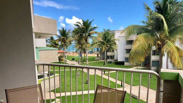 Un balcón con vista a un césped cuidado, palmeras y un edificio de diseño moderno.