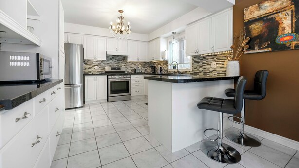 A modern kitchen with white cabinets, a central island with bar stools, a chandelier, and a large abstract painting on the wall.