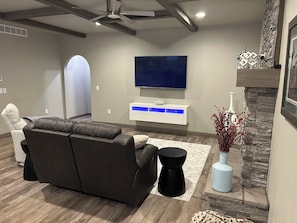 Smart TV, fireplace, stereo, computer monitors