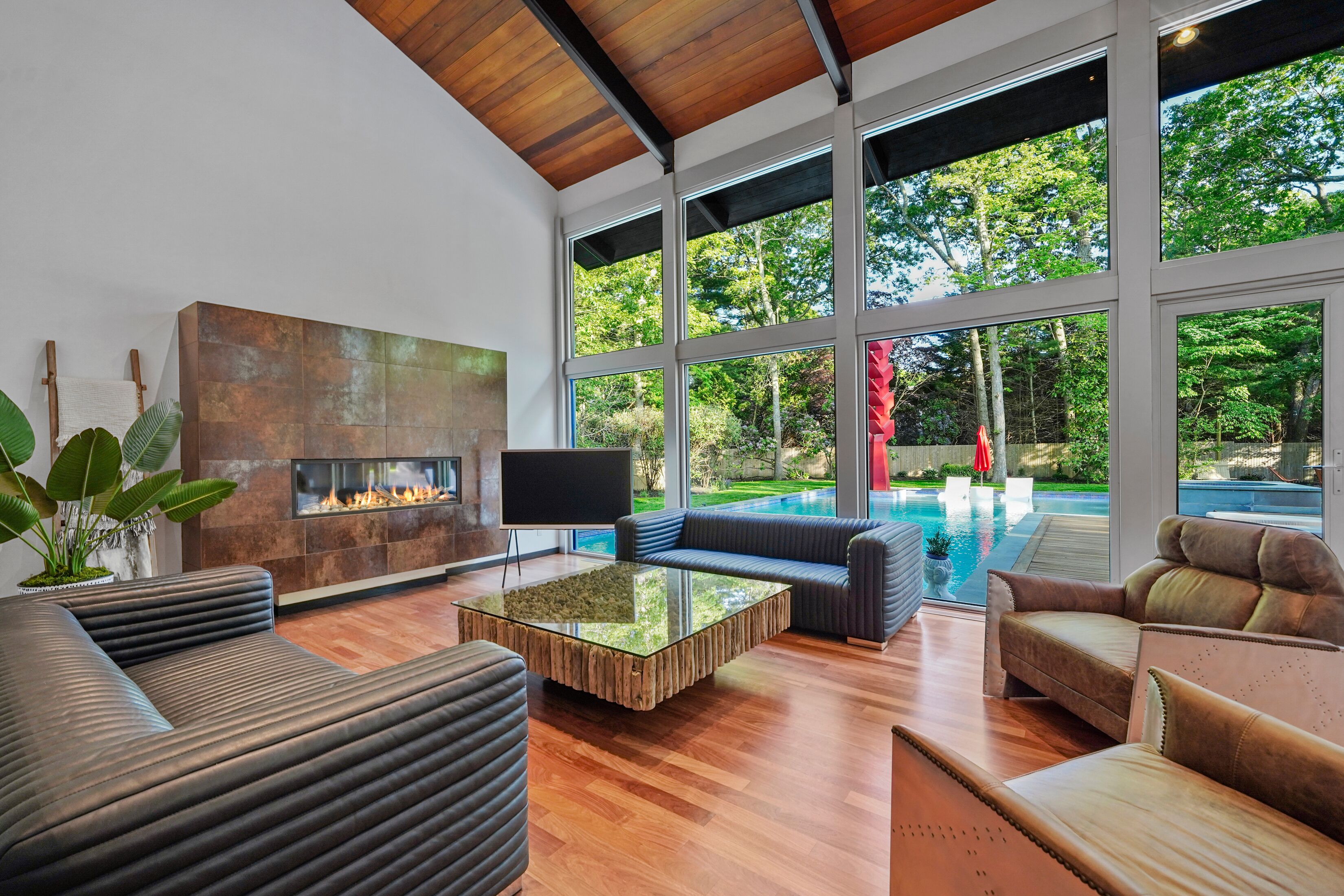 Smart-tv, eldstad, ett bordtennisbord och böcker