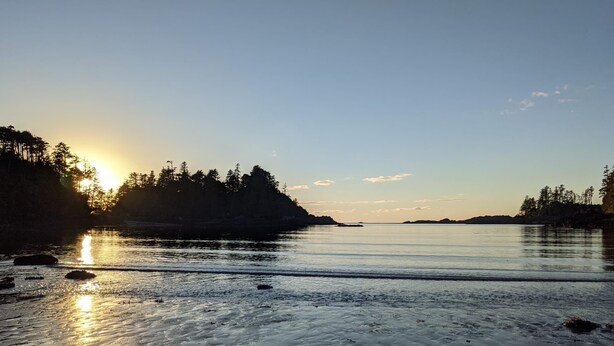 A beach with a calm sea, trees, and a clear sky. - *Getaway Private Suite "El Faro" (Ucluelet)