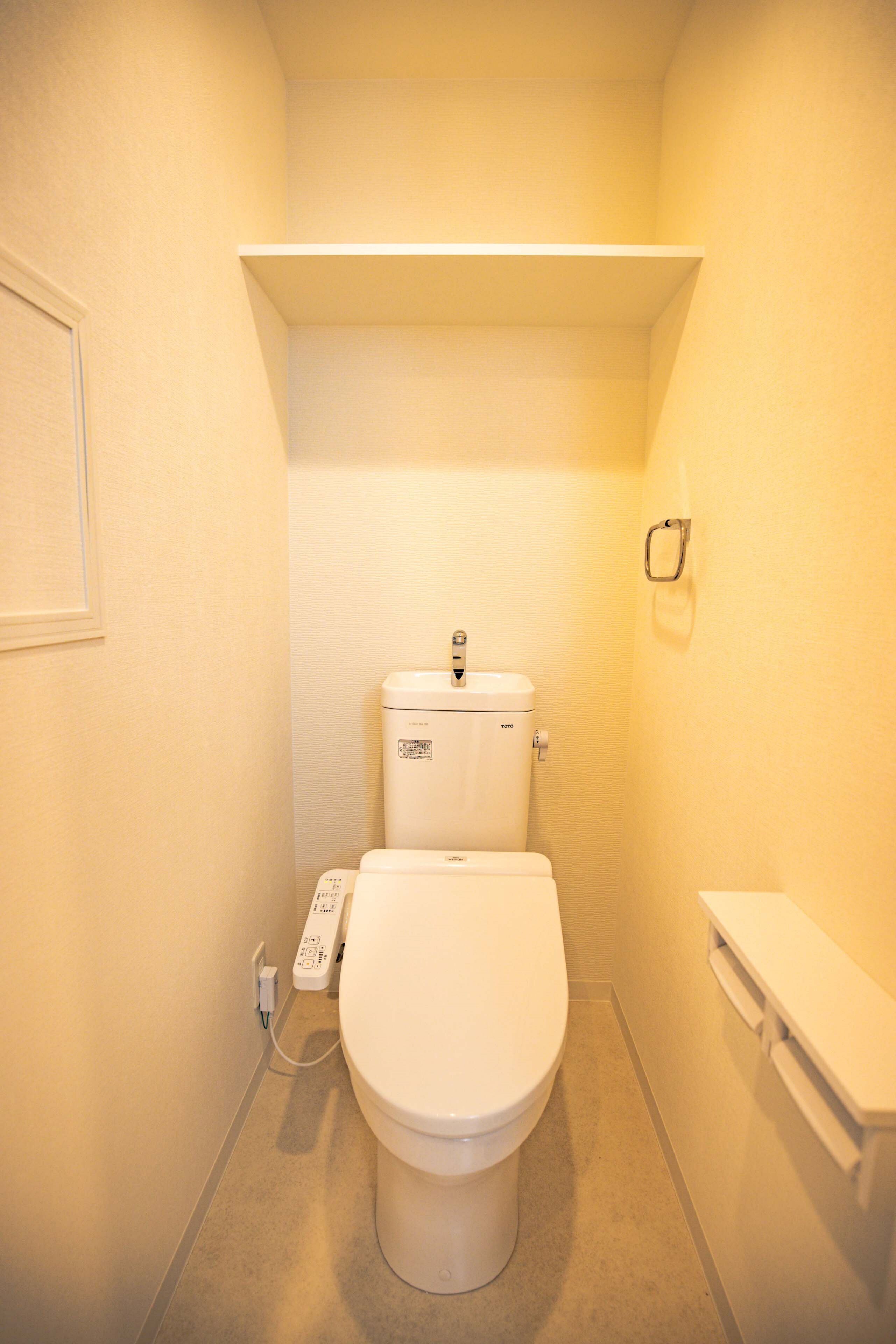 A small, compact bathroom with a toilet, a shelf above the toilet, and a wall-mounted toilet paper holder.
