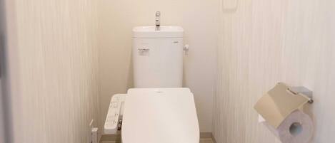 A small, narrow bathroom with a toilet, a sink, and a toilet paper holder.