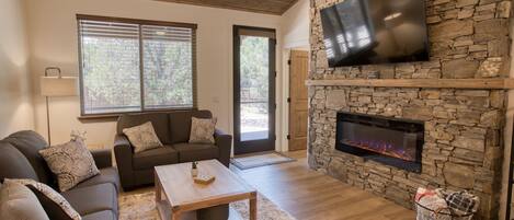 Smart TV, fireplace, books