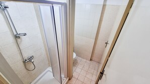 A bathroom with a shower, toilet, and a visible door leading to another room.