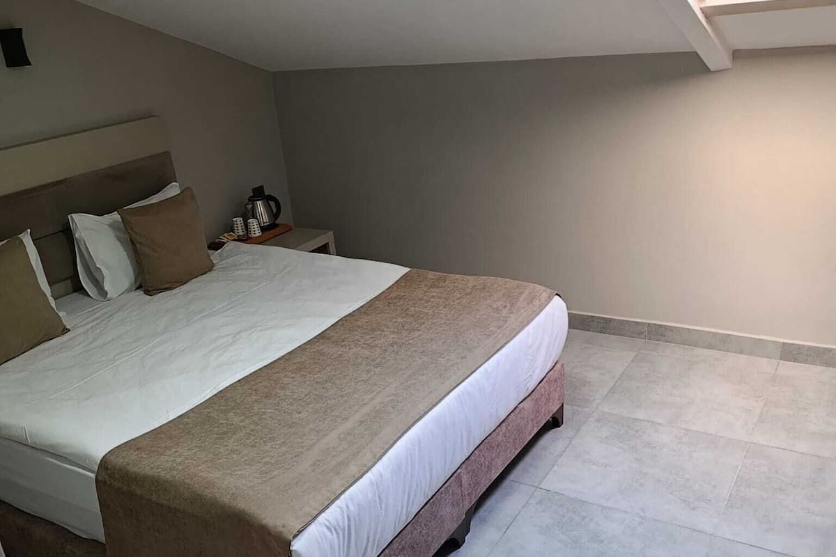 A bedroom with a large bed, a nightstand, a coffee maker, and a skylight.
