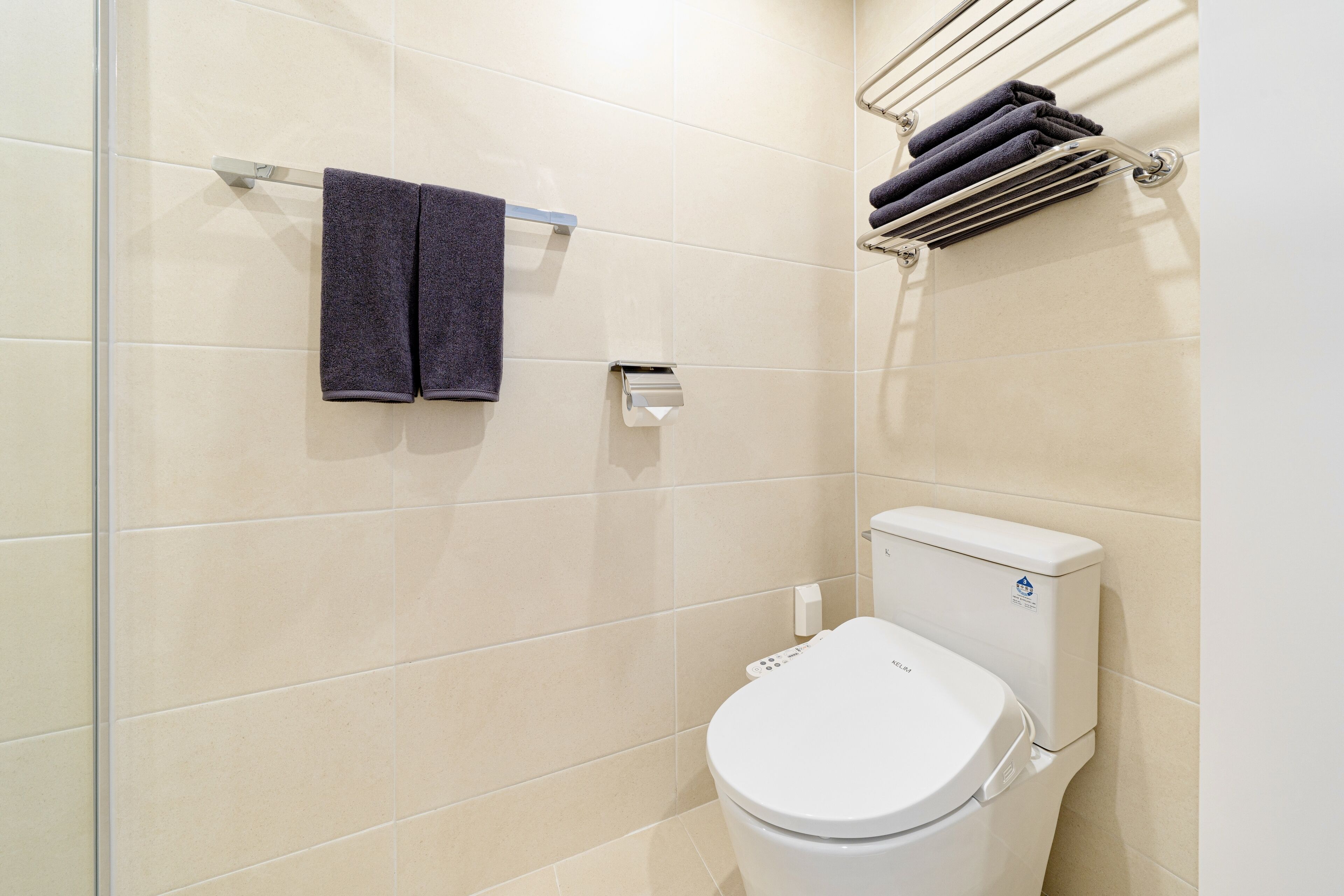 A modern bathroom with a white toilet, a towel rack with two towels, and a toilet paper holder.