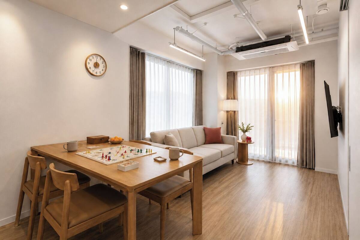 Una sala moderna con una mesa de comedor de madera, un sofá y un televisor montado en la pared.