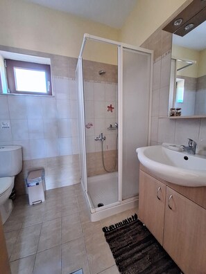 Een badkamer met een douche, wastafel en toilet.