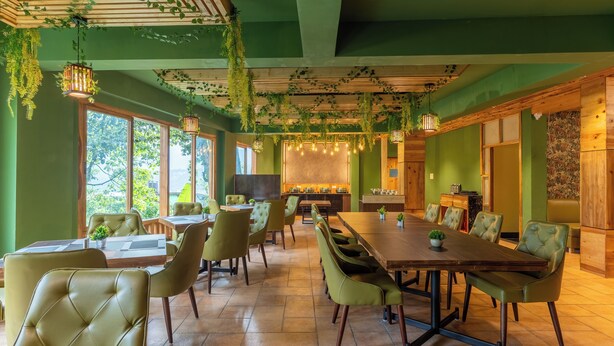 Un comedor con paredes verdes, vigas de madera en el techo y plantas colgantes, y una gran mesa de comedor con sillas.