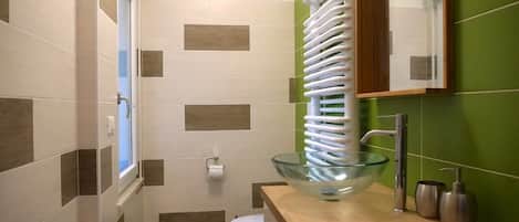 Shower, hair dryer, bidet, towels