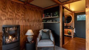 A cozy room with a fireplace, a chair, and shelves with books and plants.