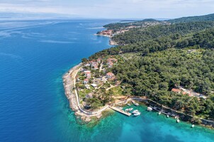 Vista aérea de un pueblo costero con casas, un muelle y barcos.