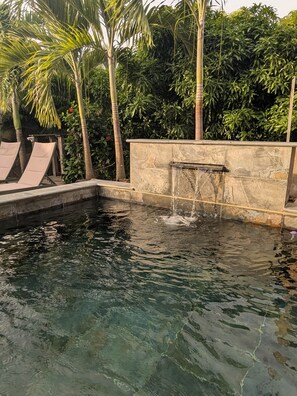 A swimming pool with a water feature, surrounded by palm trees and a stone wall. - Villa Canopée - Suite Jardin - Sea view & private SPA (Les Trois-Îlets)