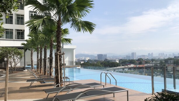 A rooftop pool area with lounge chairs and palm trees, overlooking a cityscape.