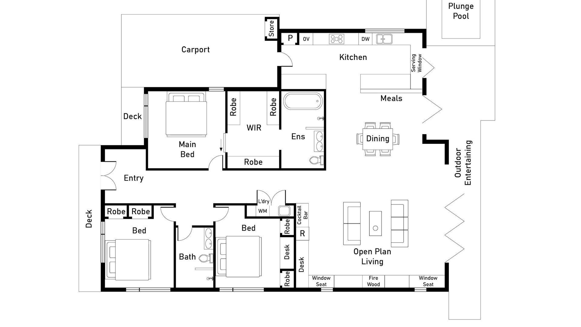 A hotel floor plan with a carport, kitchen, dining area, outdoor entertaining space, and an open plan living area.