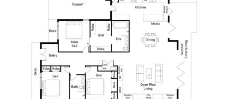 A hotel floor plan with a carport, kitchen, dining area, outdoor entertaining space, and an open plan living area.