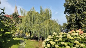 Een tuinpad dat naar een gebouw met een toren leidt, omgeven door weelderige begroeiing en bloeiende planten.