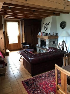 Chimenea, reproductor de DVD, libros y videoteca 