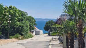 Una calle costera con vista despejada al mar, bordeada de árboles y algunos edificios.