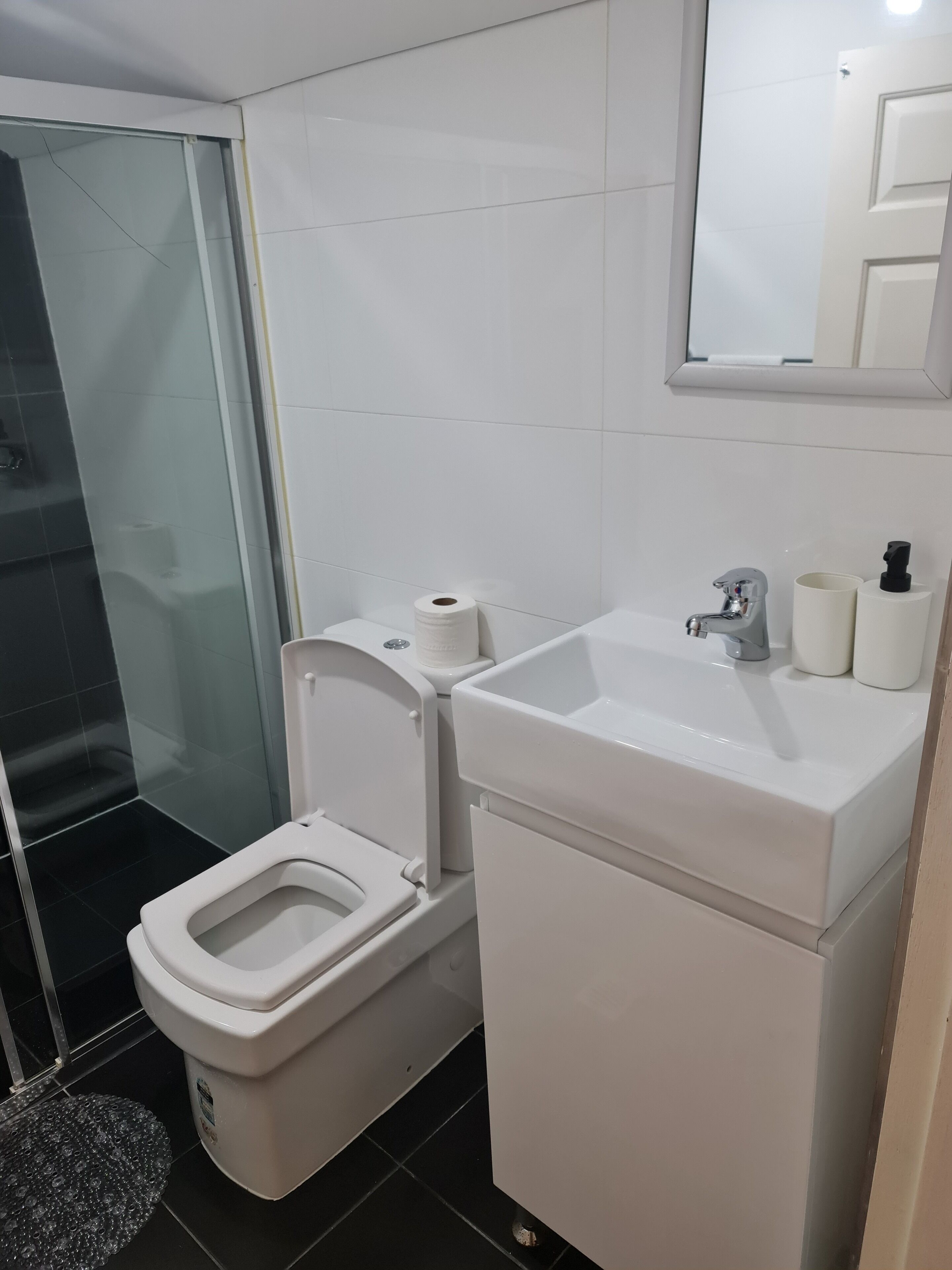 A modern bathroom with a toilet, sink, and a glass shower enclosure.