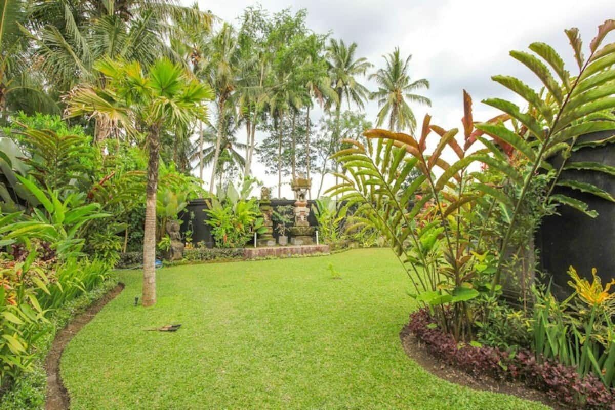 A lush garden with a variety of tropical plants and a central stone structure.