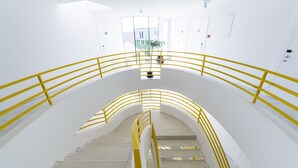 Una escalera curva con barandillas amarillas que conduce a una puerta con una planta en maceta.