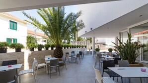 Un café al aire libre con mesas y sillas, rodeado de macetas con plantas y una palmera.