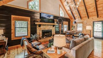 Cabin, Multiple Beds, Hot Tub | Living area | TV, fireplace