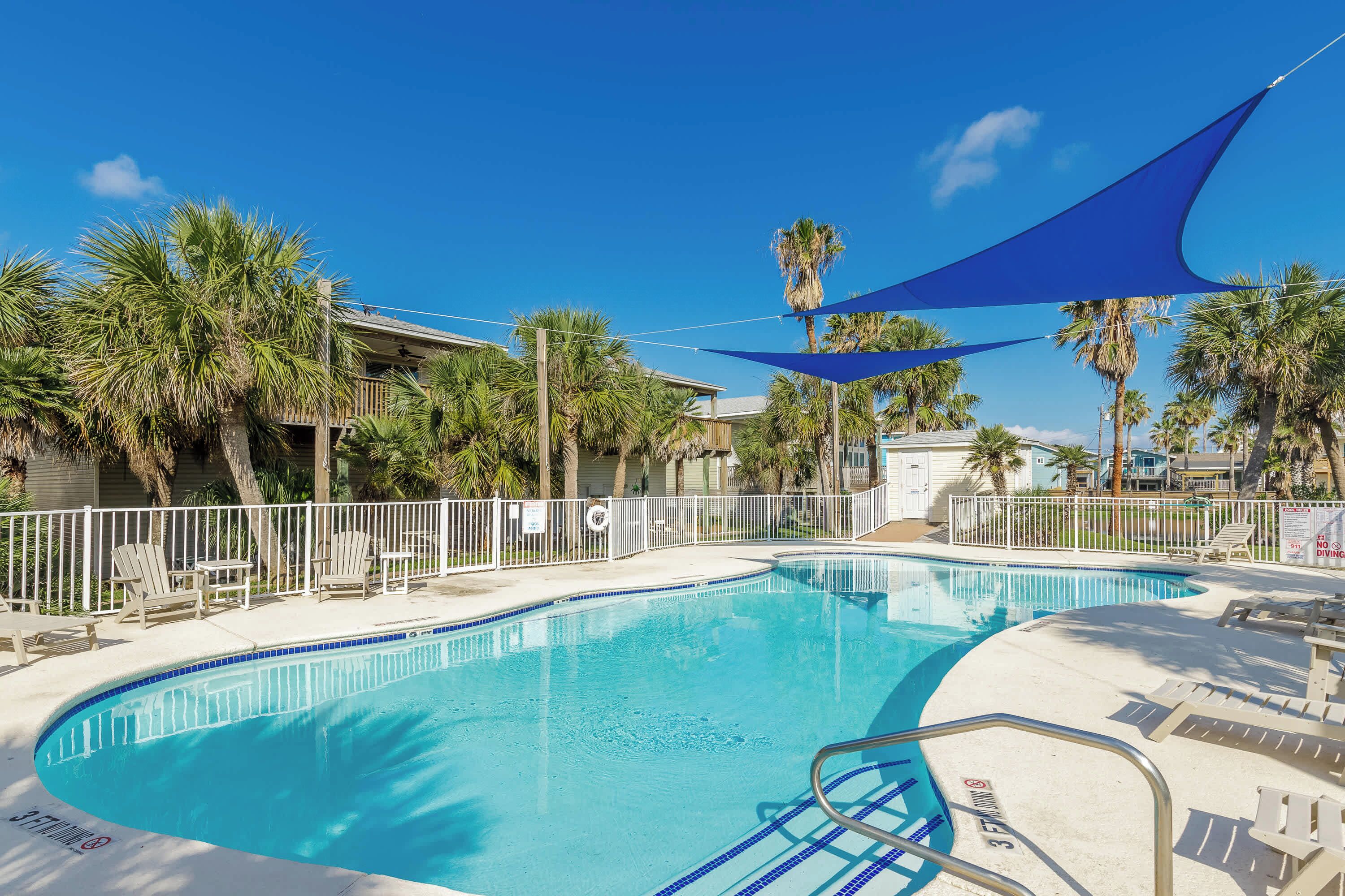 A swimming pool with lounge chairs and palm trees.