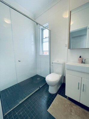 Enjoy a refreshing shower in the bathroom, featuring a glass-enclosed shower area, a toilet, and a sink with a mirror.
