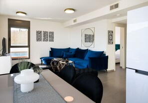 Suite with Jet-Pool and Hot Tub (2) | Living area | 34-inch flat-screen TV with cable channels, TV - YalaRent Magdala Resort - Luxury Suites with Pool or Jacuzzi with Sea View (Migdal)