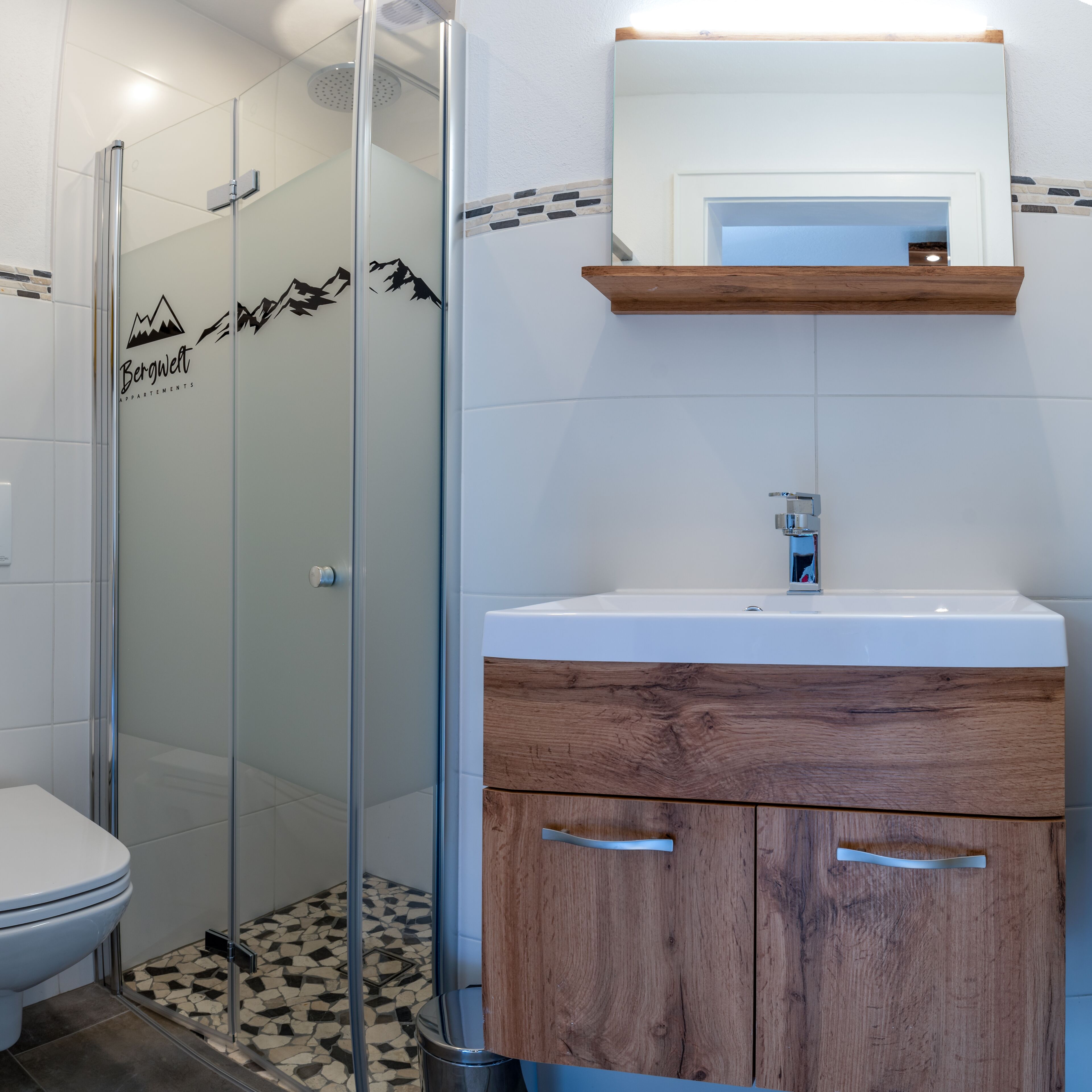 Une salle de bain avec une douche à parois de verre, des toilettes, un lavabo avec un meuble en bois et un miroir au-dessus du lavabo.