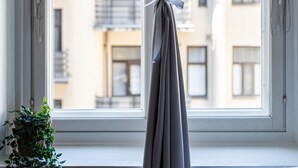 A window with a curtain tied at the top, a radiator below, and a potted plant to the left. - Historical 3BR Downtown Apartment with Sauna (Tampere)