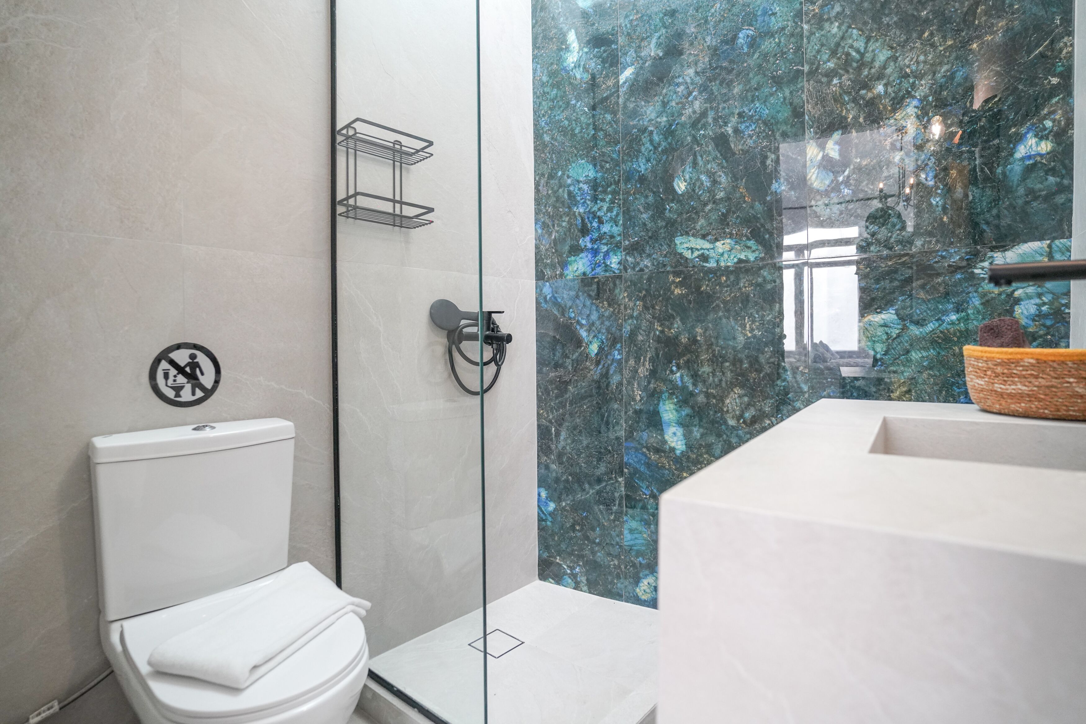 A modern bathroom with a glass shower enclosure, a white toilet, and a marble backsplash.
