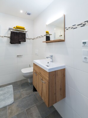 Dusche, Haartrockner, Handtücher, Toilettenpapier