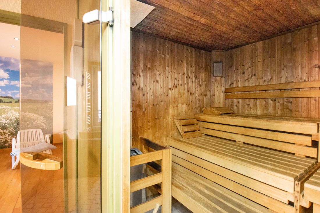 A wooden sauna with benches and a glass door.