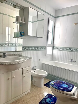 Hair dryer, bidet, towels, soap