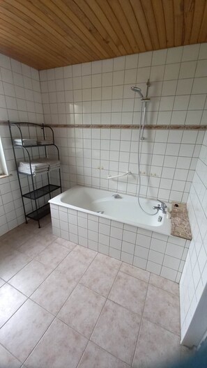 Shower, hair dryer, towels, toilet paper