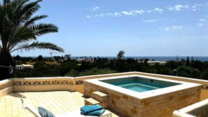 Ein Pool auf dem Dach mit Blick auf das Meer, eine Palme und ein Liegestuhl mit Handtuch.