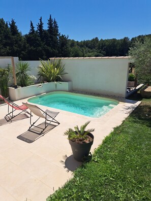 Una piscina rectangular con solárium empedrado, rodeada de plantas en macetas y una zona verde.