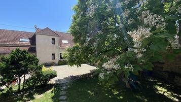 Um bairro residencial com uma casa, um jardim e uma árvore com flores brancas.