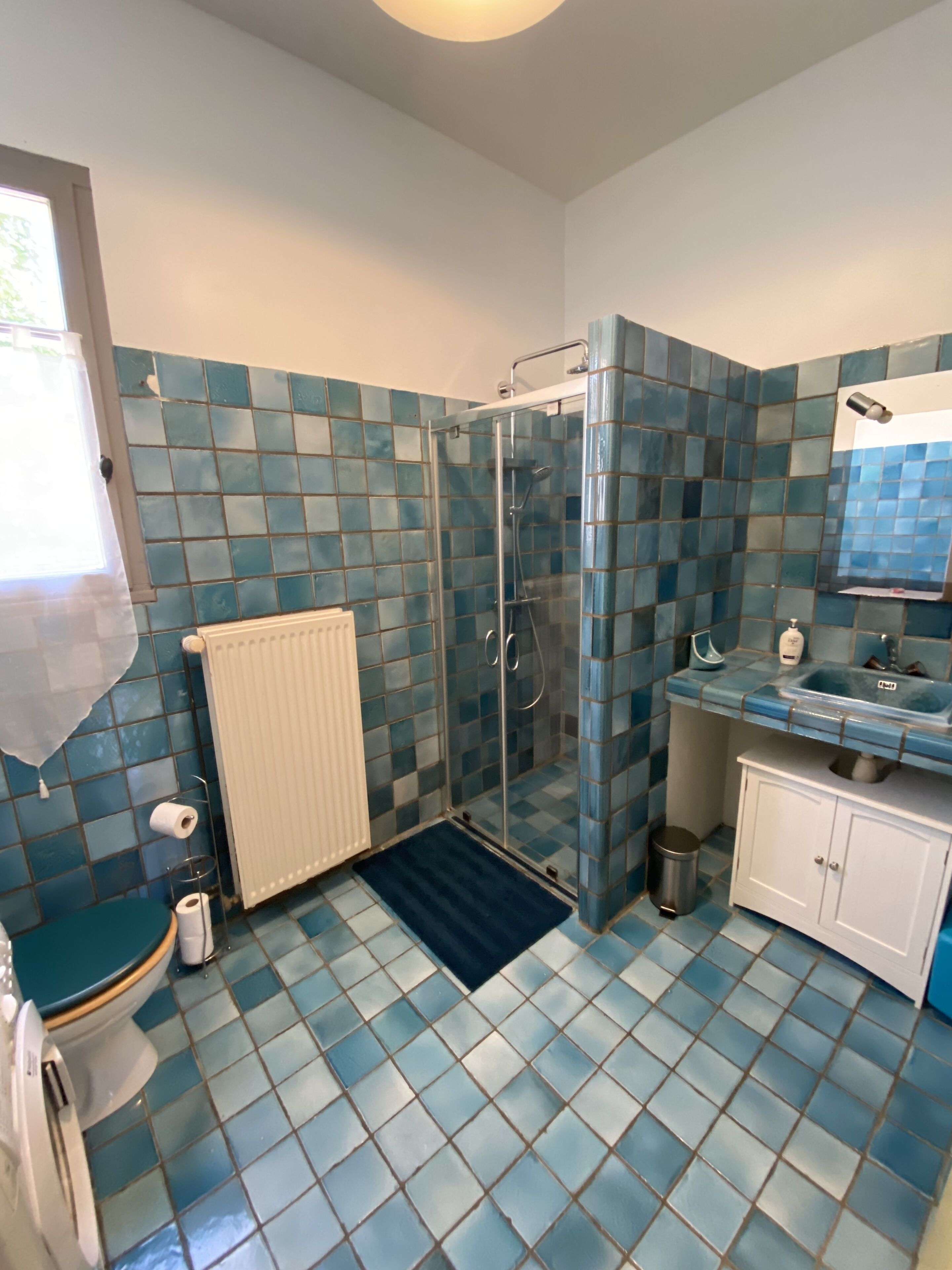 Ein Badezimmer mit Duschkabine, Toilette, Waschbecken und Schrank.