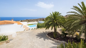 Une propriété située sur la côte, dotée d’une piscine, de palmiers et offrant une vue sur la mer.