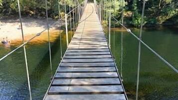 Un pont suspendu en bois enjambant une rivière, entouré d’une forêt dense.