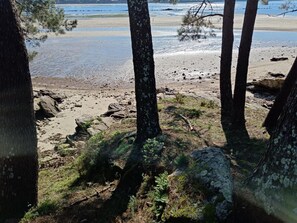 A natural landscape with trees, a sandy beach, and a body of water. - Iris Studio Ponte Caldelas to rest peacefully (Ponte Caldelas)