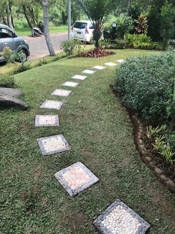 Um caminho no jardim com pedras para pisar, serpenteando por um gramado bem cuidado.