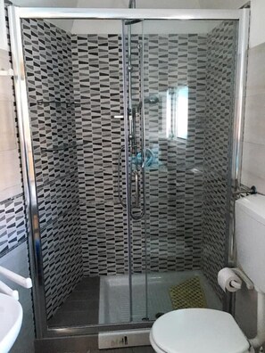 Shower, hair dryer, bidet, towels