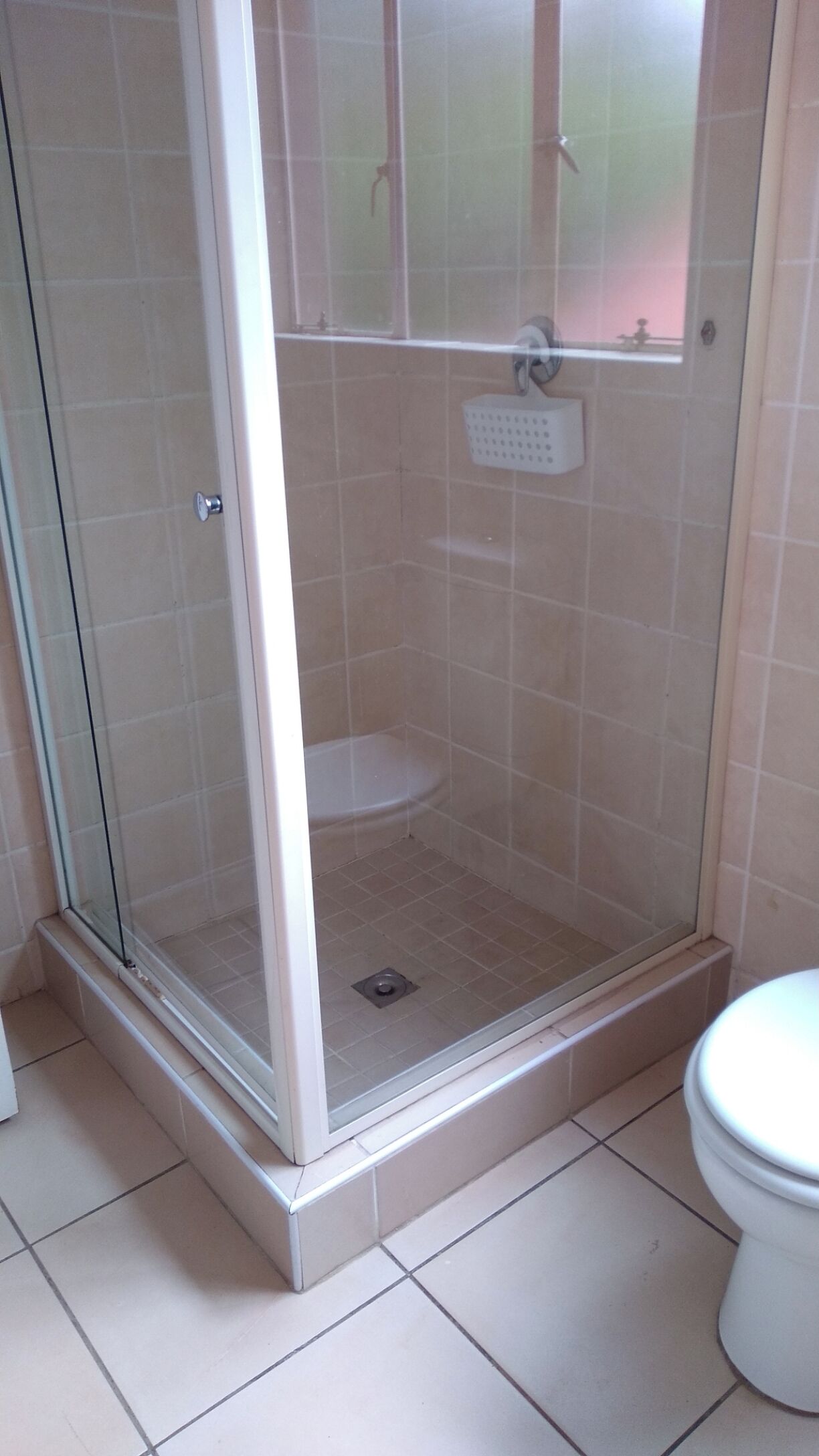 A shower with a glass door, a white toilet, and tiled flooring.