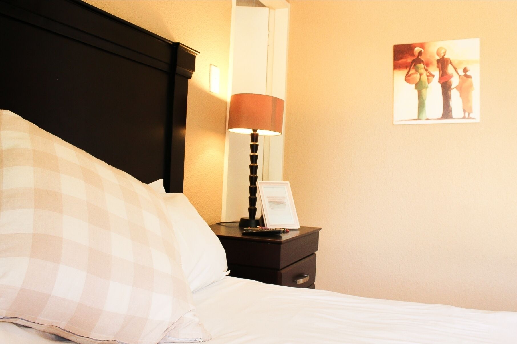A hotel room with a bed, a nightstand with a lamp, a framed picture on the wall, and a checkered pillow.